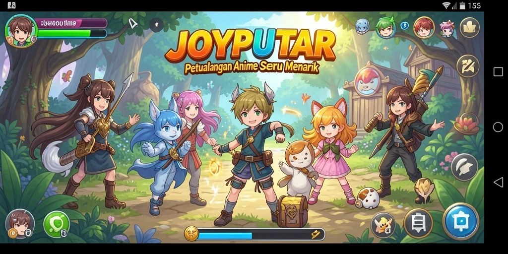 Tampilan gameplay <strong>JOYPUTAR</strong> yang penuh warna dengan karakter anime ikonik.