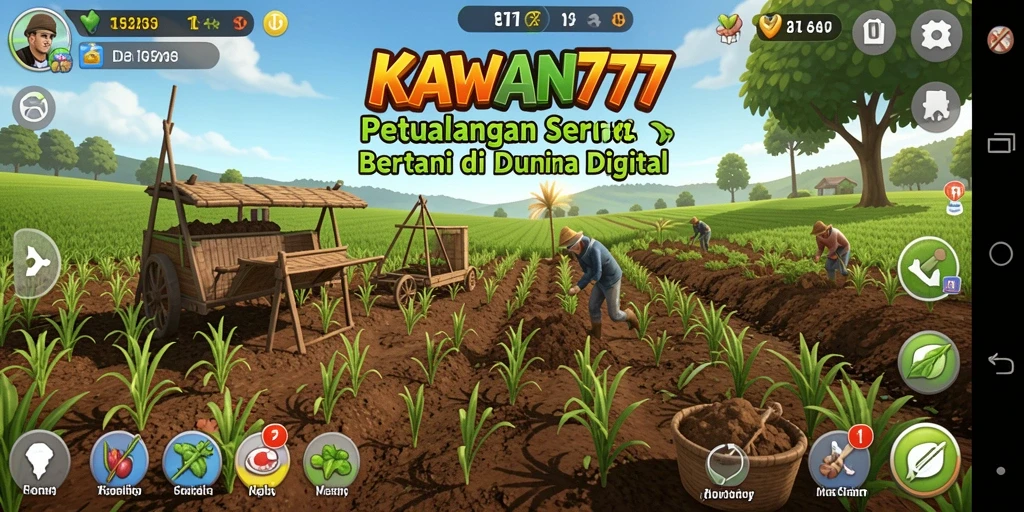 Screenshot gameplay KAWAN777 menampilkan lahan pertanian yang subur dan beragam tanaman.